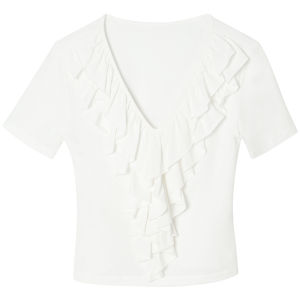 SOLWEIGE | SOLWEIGE Lenzing Linen Cotton V-neck Puff Sleeve Slimming Short Sleeve T-shirt Casual Versatile Belly-baring Commute Top