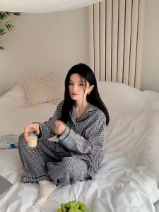 Soft Loungewear Plaid pure cotton pajamas womens spring and autumn long-sleeved trousers casual net celebrity home clothes suit