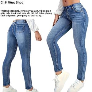 Quần Jean Nữ Cạp Cao Ôm Dáng Màu Xanh Chất Liệu Denim Co Giãn Kiểu Dáng Cổ Điển Retro Quần Thường Ngày Có Túi.