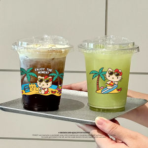 Thickened Disposable Plastic Coffee Cup with Lid Ice American Milk Tea Takeaway Black Kitty Sticker UV Transfer Polyester Material