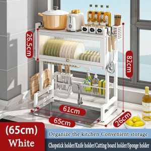 2-Layer Stainless Steel Tableware Rack with Lid 65/75/85/95/105cm Cross Sink  Dish Rack Kitchen Rack