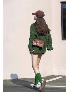 Retro Japanese Style Loose Womens Knitted Cardigan Soft Twist Sweater Autumn Winter Outerwear Comfortable Versatile Green