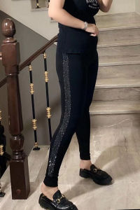 Womens plus Size High Waist Elastic Cotton Leggings Black Spring Autumn Tight Fit Fashionable Diamond Outerwear Slim Pants