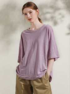 Miccbeirn | Miccbeirn Summer Pure Linen Knitted Texture Solid Color T-Shirt Loose Casual Versatile Women Short Sleeve Top Round Neck