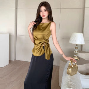 chaqi | Elegant Waist-Cinching Strap Vest Womens Outerwear Summer 2025 New Acid Satin Slim Fit Top Commute Style Solid Color