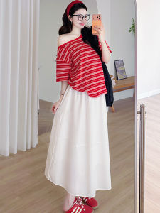 MAMABENSE | Fashion Red Stripe Short Sleeve Two-Piece Set Maternity Dress Suit
