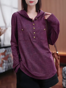 เสื้อยืดคอกลมแขนยาวสีม่วง ทรงหลวม แฟชั่นฤดูใบไม้ร่วง เสื้อผ้าทำงานสไตล์เกาหลี ทรงหลวม เสื้อผ้าทำงานแบบลำลอง