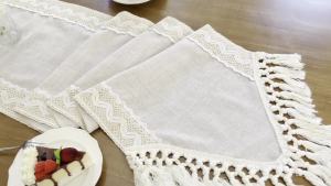 Versatile Table Runner Crochet Macrame Lace Tassels Beige Farmhouse Table Cloth for Dining Room Wedding Handmade Table Decor
