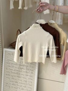 Girls Long Sleeve Base Shirt Autumn Clothes 2024 New Childrens T-shirt Wooden Edge Ear Spring Summer Inner Match Versatile