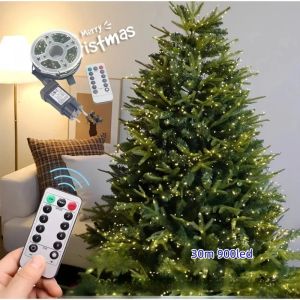 220V EU Plug 10M 300LEDs Tree Firecracker Copper Wire String Garden Decoration Light Remote Control Green Line Fairy Light