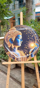 Tranh 5D Thích Ca Mâu Ni tranh Phật giáo dáng tròn chất liệu gỗ in tráng gương bọc viền