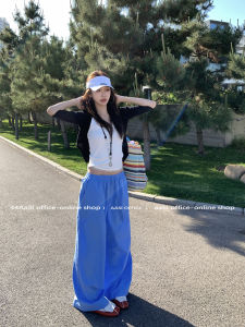 Blue Casual Breathable Pants Airy Feel Straight Leg Loose Fit Summer Lightweight Trousers for Women Commute Style High Waist Elastic Cotton