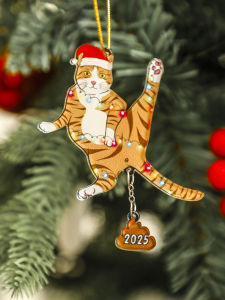 Funny Christmas Pet Shaped Ornament Acrylic Dog & Cat Hanging Decor with Santa Hat & 2025 Pendant Novelty Gift for Xmas Tree