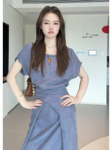 Fall Autumn French Lady Elegant Purple Linen Waist-Cut Dress Commute Korean Style High Waist Short Sleeve A-Line Skirt Dress