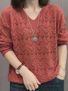 Spring Autumn Long Sleeve V-Neck Knitted T-Shirt Hollow out Slimming Mom Womens Fashionable Casual Loose Fit Solid Color