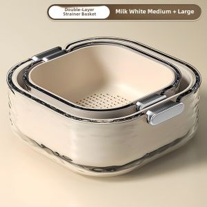 Double-Layer Plastic Drain Basket Simple Kitchen Living Room Home Use Fruit Dish Washing Vegetable Basket Luxury Style PET Material