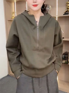 QINGNAER | Slimming Plus Size Womens Clothing Brown Hooded Long Sleeve Top