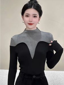 Womens Half Turtleneck Color Contrast Patchwork Dralon Bottoming Shirt Fall and Winter Fancy Long Sleeves T-shirt Western Style Small Shirt Inner Wear Blouse