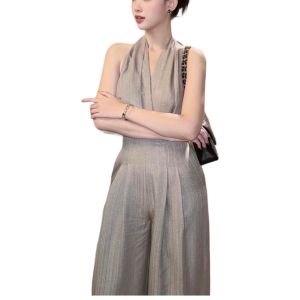 Deep V Sleeveless Tie Back Shiny Solid Crepe Satin Side Pockets Long Leg Jumpsuit - PIMNADACLOSET
