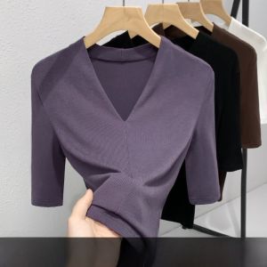 Womens Modal Short Sleeve T-Shirt V-Neck Slim Fit Base Shirt Spring Summer New Style Threaded mid Sleeve Inner Wear Base Top