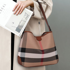 Aidrani Fashion Canvas Checkered Womens Handbag Large Capacity Cowhide Daily Versatile One Shoulder Crossbody Tote Bag
