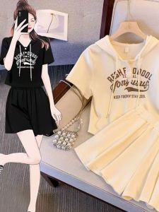 Fashionable Sportswear Set Womens Summer Casual Short Sleeve Cute Slimming Shorts Two-Piece Cotton Ensemble for Young Adults