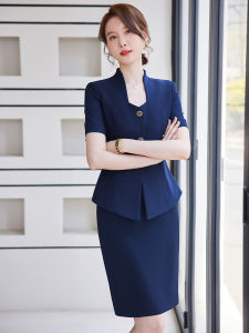 New 2025 Summer Womens Royal Blue Casual Professional Suit Skirt Set Beauty Salon Work Uniform Fashionable Elegant Style