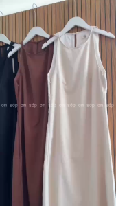 Linen 3 màu Có lót Xẻ tà 1 bên Vai chéo Đầm cổ yếm cộc tay dáng dài khoá kéo hông basic thanh lịch sang xịn BELLY DRESS