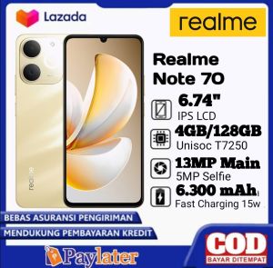 Realme NOTE 70 RAM 4+4 /128GB.Battery 6300MAH 4G LTE.ORIGINAL GARANSI RESMI- HOT ITEM!
