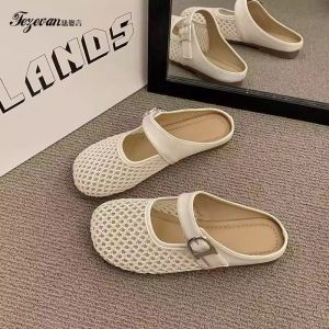 Dép Xỏ Ngón Lưới Thoáng Khí Hở Mũi Cho Nữ Mùa Hè 2025 Dép Xỏ Ngón Đế Bằng Đế Bằng Phong Cách Cổ Điển Thường Ngày