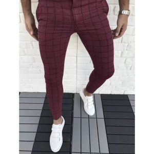 Summer Mens Casual Plaid Slim Fit Pants Comfortable Cotton Trousers Youth Fashion Waist Pocket Zigzag Stitching Iron Resistant