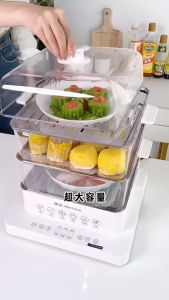 【READY STOCK】40L multifunctional steamer 3-layer multifunctional steamer stainless steel steamer intelligent multifunctional household steamer 3-layer large capacity visual steamer insulation reservation steamer box
