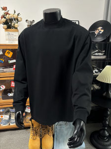 เสื้อสเวตเตอร์คอกลมแขนยาวทรงหลวมสำหรับผู้ชาย สีดำ น้ำหนักเบา ทรงปกติ ฤดูใบไม้ร่วง เสื้อชั้นใน Cleanfit เสื้อเชิ้ตชั้นใน