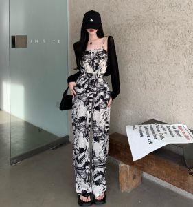 เรียบหรู สูง เอว ขากว้าง ชุดจัมป์สูท ผู้หญิง ฤดูร้อน ลำลอง สไตล์สปอร์ต ความยาวปานกลางพิมพ์ ผ้าไหม ผ้าชีฟอง สูทวันพีซ