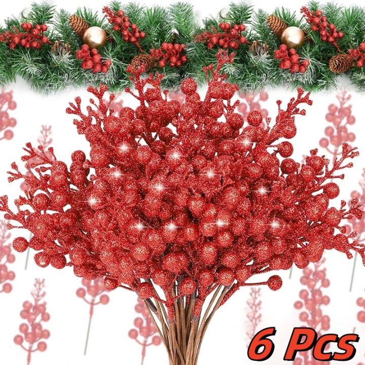 6Pcs Artificial Colorful Glitter Powder Berries Branches Simulation