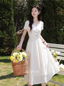 Đầm Hè Tay Ngắn Màu Be Dây Nịt Eo Mới Cho Nữ Văn Phòng