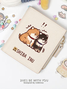 Cute Cartoon Japanese Spitz Dog Short Wallet for Women Students Korean Style Printed PU Leather Bifold Wallet with Coin Pocket
