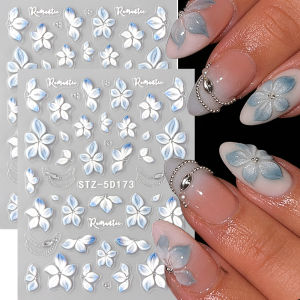 3D Florals Nail Art Stickers Decals Blue Flower Spring Summer Nail Art Sticker Decorations Sliders Charms Manicure Accessories