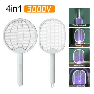 4 in 1 Foldable Electric Mosquito Swatter Fly Killer Trap USB Rechargable Mosquito Killer Racket with UV Light Bug Zapper 3000V