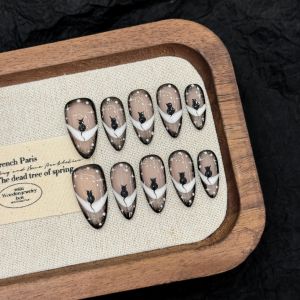 เล็บปลอมลายแมวพังก์เท่ๆ สไตล์ดาร์กเอลฟ์ หวาน แบบเพ้นท์มือ บรรยากาศสุดคูล ถอดออกได้ ทำมือ สวมใส่ได้ อุปกรณ์เสริมความงาม เครื่องสำอาง