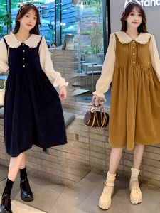 Maternity Dress Fashionable Patchwork Color Long Sleeve Babydoll Collar Loose plus Size Spring Popular Pregnant Women Skirt