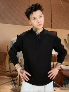 Black American Style Henry Collar Long Sleeve Sweatshirt Cleanfit Polo Shirt Heavyweight Autumn Shoulder Fit Loose Cotton T-Shirt