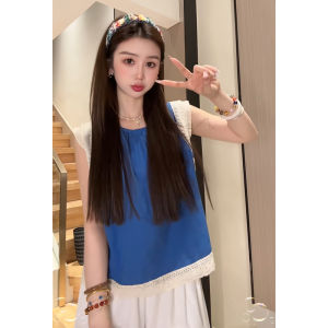 YUEZHONGWEI | เสื้อกั๊กแขนกุดสีน้ำเงินสไตล์ฝรั่งเศส ผ้าลูกไม้ ทรงหลวม ทรงเข้ารูป สำหรับผู้หญิงในฤดูร้อน แฟชั่นสตรีท เสื้อตัวบน