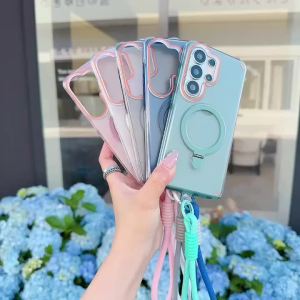 Laser 2 in 1 Magnetic Bracket Wrist Strap Case For Samsung Galaxy S26 Ultra S25 Ultra S24 Plus Acrylic Shockproof Soft Cover