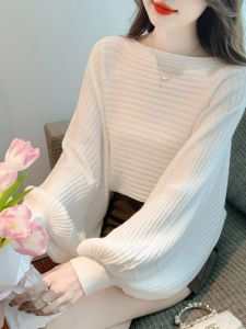 Womens Long Sleeve Lantern Sleeve Knitwear Inner Wear One Shoulder Base Shirt Trendy Top Korean Style round Neck Pullover