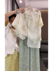 New Chinese Style Womens Fashion Set Zen Style Lightweight Luxury Summer 2025 New Arrival Long Pants Short Sleeve Button up