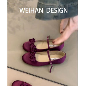 Leather Version round Toe Ballet Flats Chinese Style Flat Heel Mary Janes Womens Satin Shoes Floral Soft Bottom Single Strap