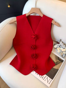 chaqi | French Vintage Red Knitted Vest Womens Autumn Winter Sleeveless Top Floral 3D Design Commute Style Casual Single Button