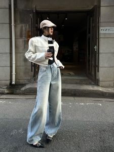 Tristine2024 Lò Xo Nhựa Ép Ống Rộng Quần Jean Nữ Rác Mặc Cổ Điển Phong Cách Đường Phố Cao Vòng Eo Denim Quần Dài Quần Tây