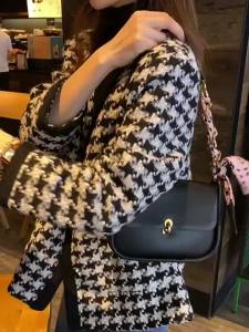 Stylish French Elegance Little Black Jacket Plaid Outerwear